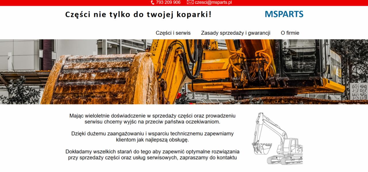Strona internetowa firmy MSParts z ilustracją koparki i informacjami o częściach i serwisie.