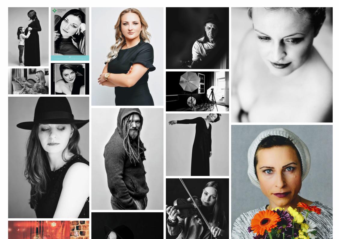 Kolaż czarno-białych i kolorowych portretów, w tym fotografia kobiety z kwiatami, kobiety w kapeluszu, mężczyzny z dredami i sceny ze studia fotograficznego z parasolką i lampami.