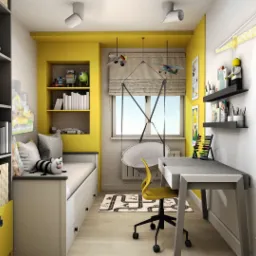 Pokój dziecięcy w odcieniach szarości i żółci: łóżko z szufladami, regał, biurko z krzesłem, wiszący fotel, zabawki i naklejka ścienna z motywem dźwigu.