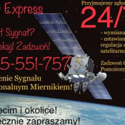 Grafika reklamowa firmy Sat Express z satelitą na tle Ziemi, oferującej ustawianie sygnału profesjonalnym miernikiem, wymianę złączek oraz regulację sprzętu satelitarnego, dostępnej 24/7...