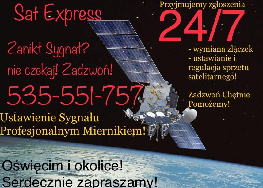 Grafika reklamowa firmy Sat Express z satelitą na tle Ziemi, oferującej ustawianie sygnału profesjonalnym miernikiem, wymianę złączek oraz regulację sprzętu satelitarnego, dostępnej 24/7...