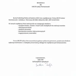 Skan dokumentu referencyjnego od Burda Publishing dla firmy UNLTD Łukasz Hermanowski, datowany na 1.06.2017, potwierdzający współpracę w zakresie wynajmu hostess, rekrutacji, szkoleń personelu...