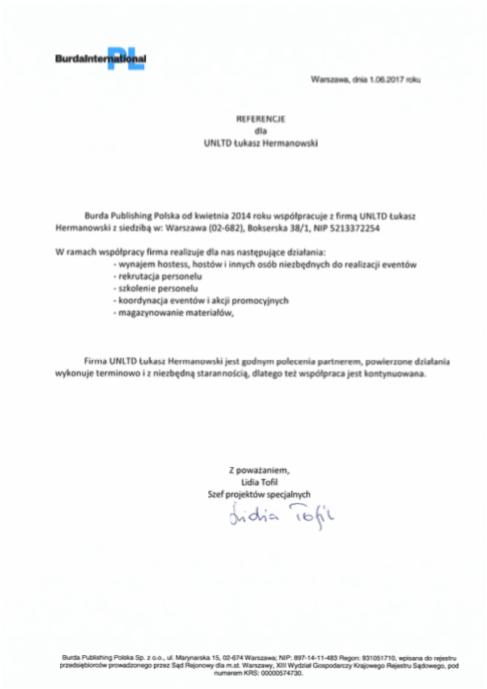 Skan dokumentu referencyjnego od Burda Publishing dla firmy UNLTD Łukasz Hermanowski, datowany na 1.06.2017, potwierdzający współpracę w zakresie wynajmu hostess, rekrutacji, szkoleń personelu...