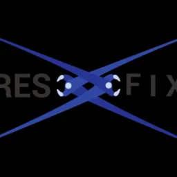 Logo firmy RESOFIX z dwoma skrzyżowanymi niebieskimi elementami przypominającymi szczypce lub kleszcze, z białymi detalami na końcach, na czarnym tle.