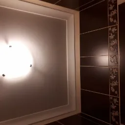 Wykończona łazienka z brązowymi płytkami z motywem kwiatowym, podwieszanym sufitem i okrągłą lampą sufitową.