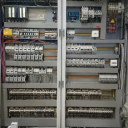 Otwarta szafa sterownicza z rozbudowaną instalacją elektryczną, widoczne liczne moduły, bezpieczniki, okablowanie oraz lampka sygnalizacyjna na górze.