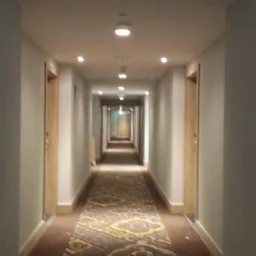 Długi korytarz hotelowy z szeregiem drzwi i wzorzystą wykładziną, oświetlony punktowymi lampami sufitowymi.