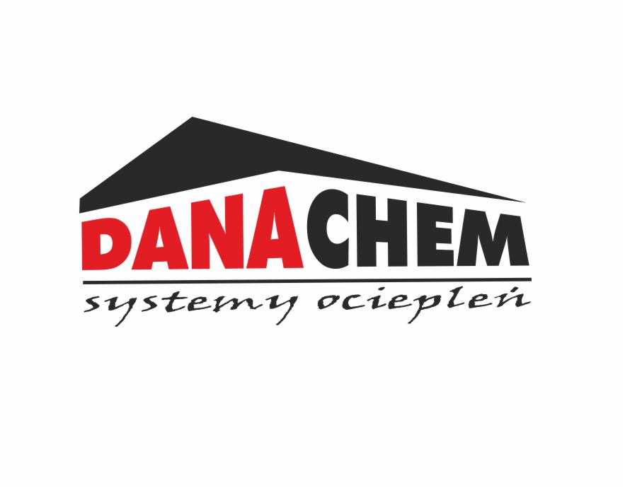 Logo firmy DanaChem, specjalizującej się w systemach ociepleń, z motywem dachu w czerni nad czerwoną nazwą firmy i czarnym hasłem 'systemy ociepleń'.