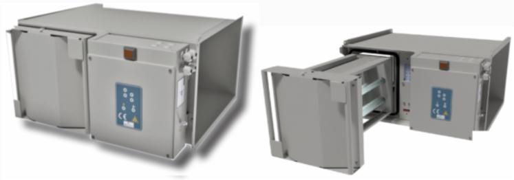 Dwa ujęcia systemu filtracji UV Purventus z otwartymi panelami dostępowymi, ukazujące wewnętrzne elementy i obudowę z oznaczeniami.