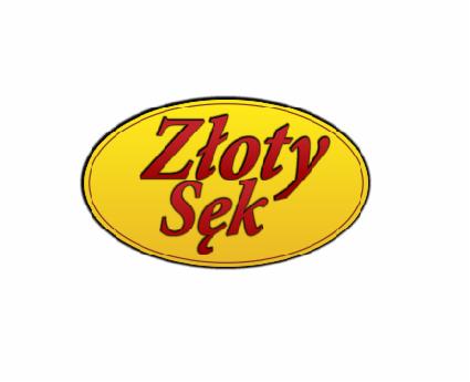 Żółte logo w kształcie owalu z napisem 'Złoty Sęk' w kolorze czerwonym.
