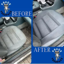 Porównanie fotela samochodowego przed i po czyszczeniu. Po lewej stronie widoczny brudny fotel z zabrudzoną podłogą, po prawej czysty fotel z widoczną strukturą materiału.