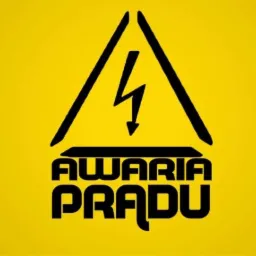 Żółty znak ostrzegawczy z czarnym symbolem błyskawicy w trójkącie i napisem 'AWARIA PRĄDU'.