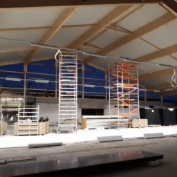 Wnętrze hali w trakcie prac instalacyjnych oświetlenia, widoczne rusztowania, kable i elementy konstrukcji dachowej z drewna.