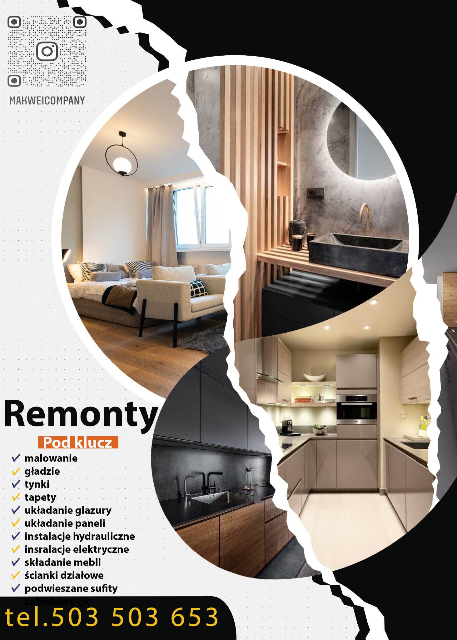 Kolaż wnętrz: sypialnia z drewnianą podłogą, łazienka z okrągłym lustrem podświetlanym LED i kamienną umywalką, oraz kuchnia z beżowymi szafkami i oświetleniem punktowym.