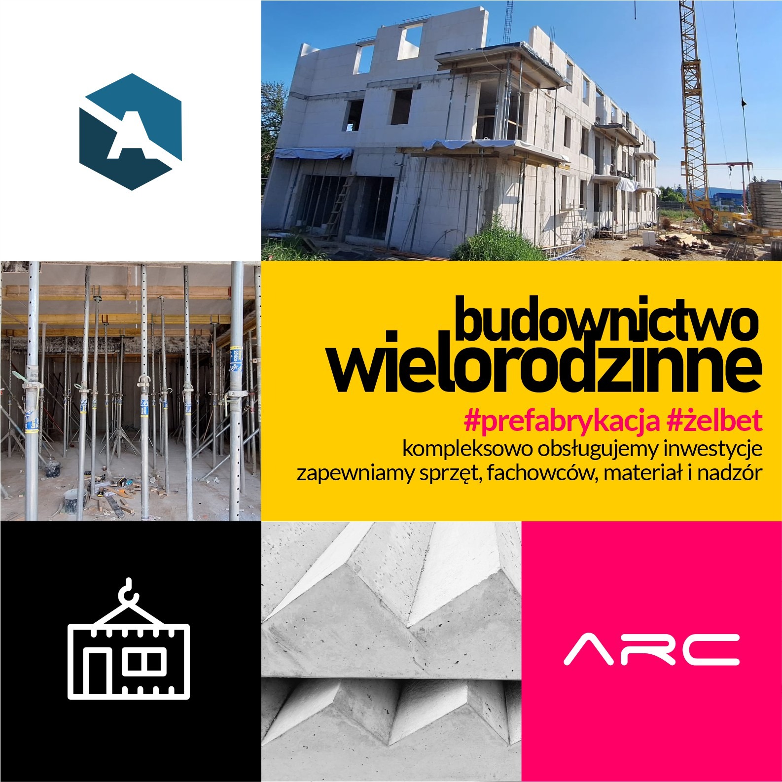 Budowa budynku wielorodzinnego z prefabrykatów żelbetowych, widoczne elementy konstrukcyjne i dźwig. Na kolażu logo firmy i hasło o kompleksowej obsłudze inwestycji.