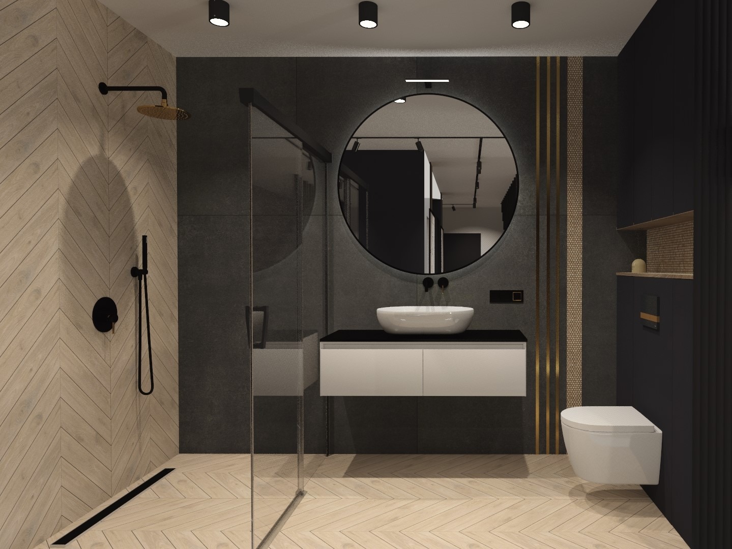 Nowoczesna łazienka z kabiną prysznicową typu walk-in, okrągłym lustrem z podświetleniem, białą umywalką nablatową na szafce, oraz toaletą podwieszaną, wykończona w odcieniach szarości, beżu...