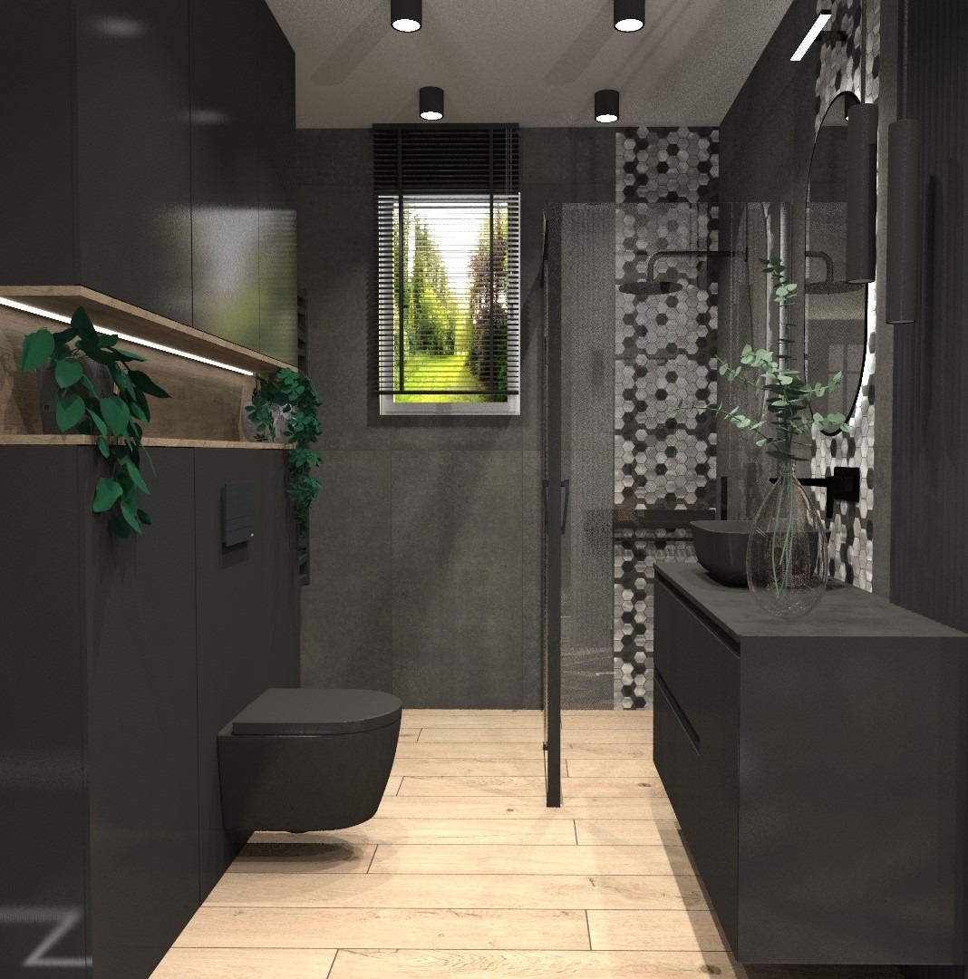 Nowoczesna łazienka w odcieniach szarości z drewnianą podłogą, wiszącą toaletą i oświetlonym blatem z roślinami, widok na zieleń za oknem.
