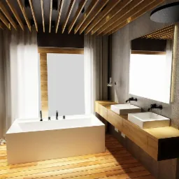 Nowoczesna łazienka z drewnianą podłogą i sufitem z lamelami, biała wanna prostokątna z czarną armaturą, dwie umywalki nablatowe na drewnianym blacie, duże lustro z podświetleniem.