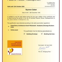 Certyfikat Europejskiego Mistrza Budownictwa Pasywnego Instytutu Domów Pasywnych PHI Darmstadt
