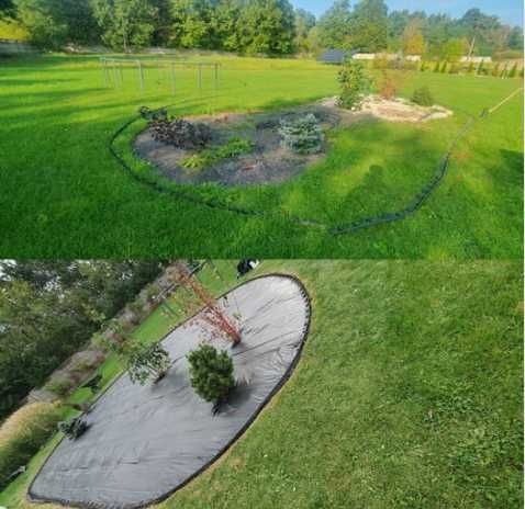 Dwa ujęcia ogrodu: górne przedstawia rabatę z młodymi roślinami i obrzeżem z tworzywa, dolne ukazuje nowo posadzone drzewka na agrowłókninie ograniczoną obrzeżem, całość na tle zielonego trawnika.