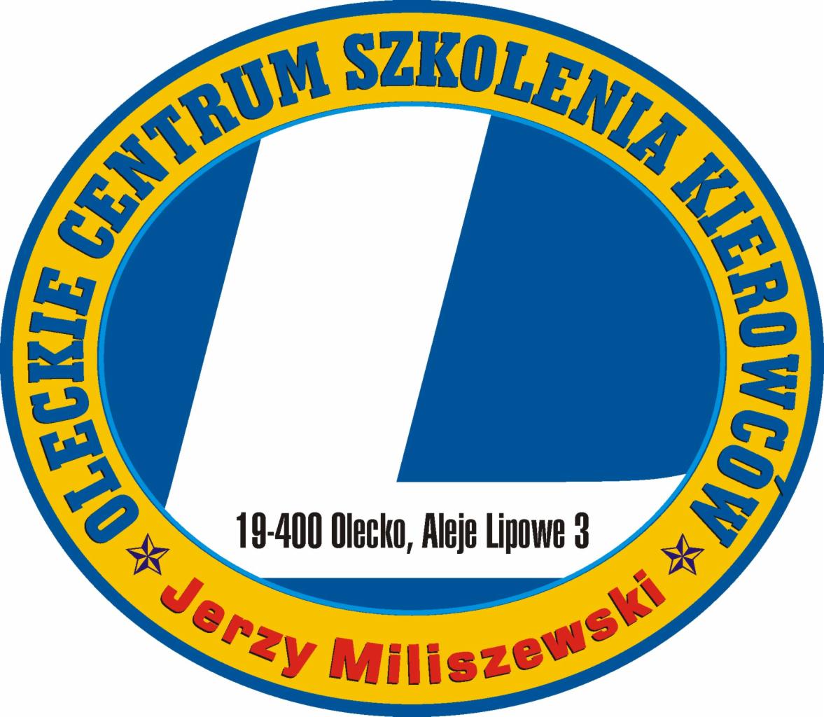 Logo Oleckie Centrum Szkolenia Kierowców Jerzego Miliszewskiego w kształcie niebieskiego koła z żółtą obwódką, zawierające białą literę L i adres 19-400 Olecko, Aleje Lipowe 3.