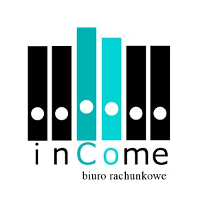 Graficzne logo biura rachunkowego z stylizowanymi segregatorami w kolorach czarnym i turkusowym oraz napisem 'inCome biuro rachunkowe'.