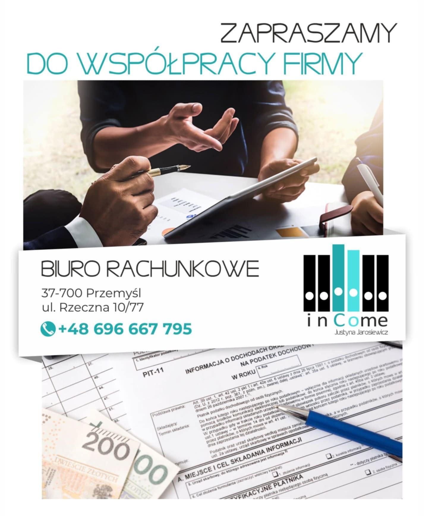Zaproszenie do współpracy z biurem rachunkowym inCome: dłonie nad dokumentami, tablet, długopis, banknoty 200 zł i formularz PIT-11.