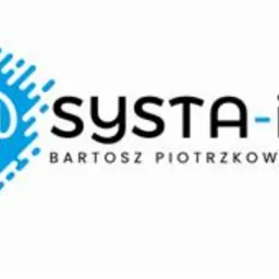 Logo firmy IT 'SYSTA-it' z adresem e-mail w niebieskiej grafice pikselowej, podpisane imieniem i nazwiskiem Bartosz Piotrzkowski.