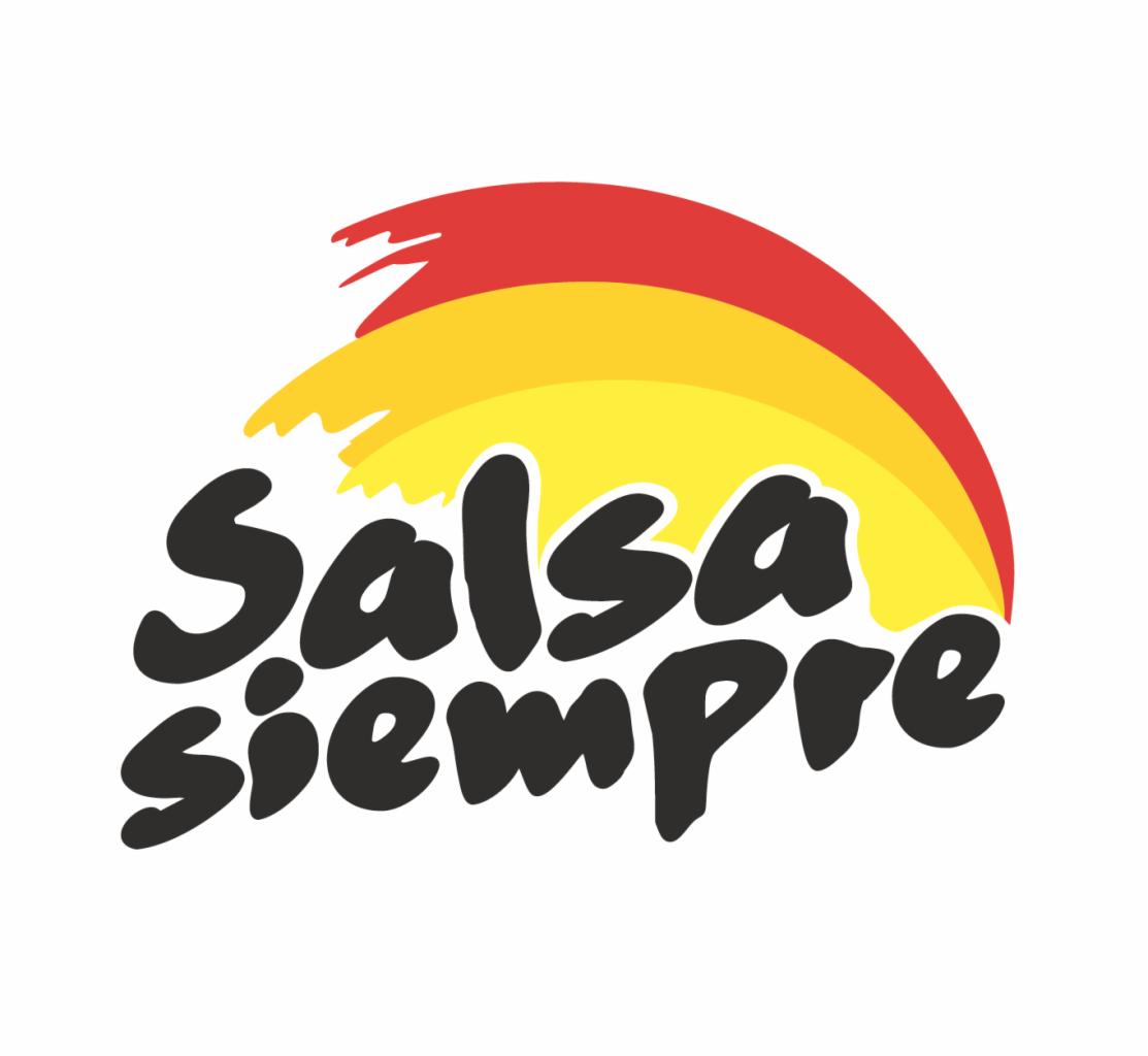 Logo z napisem 'Salsa siempre' pod stylizowanym łukiem w kolorach czerwonym, żółtym i pomarańczowym.