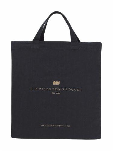 Ciemna, materiałowa torba na zakupy z krótkimi uchwytami i złotym nadrukiem logo oraz adresem strony internetowej.