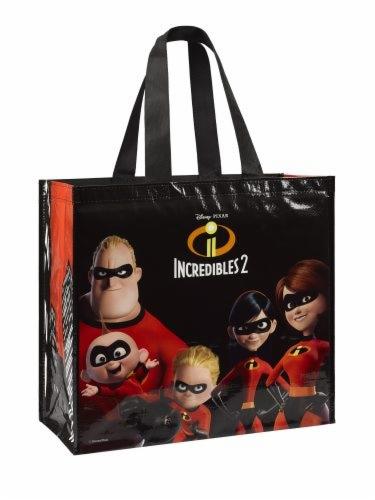 Czarna, błyszcząca torba na zakupy z nadrukiem postaci z filmu Iniemamocni 2, z szarymi uchwytami.