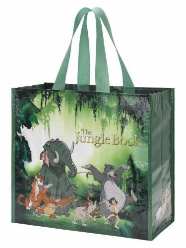 Ekologiczna torba z motywem Księgi Dżungli, wykonana z tworzywa sztucznego, z zielonymi uchwytami, prezentująca wizerunki postaci z bajki: Mowgli, Baloo, Bagheera, Hathi i Shere Khan.