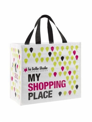 Biała torba zakupowa z czarnymi uchwytami, nadrukiem w kształcie kropli w kolorach zielonym, różowym i czarnym oraz napisem 'la Belle Etoile SHOPPING CENTER MY SHOPPING PLACE'.