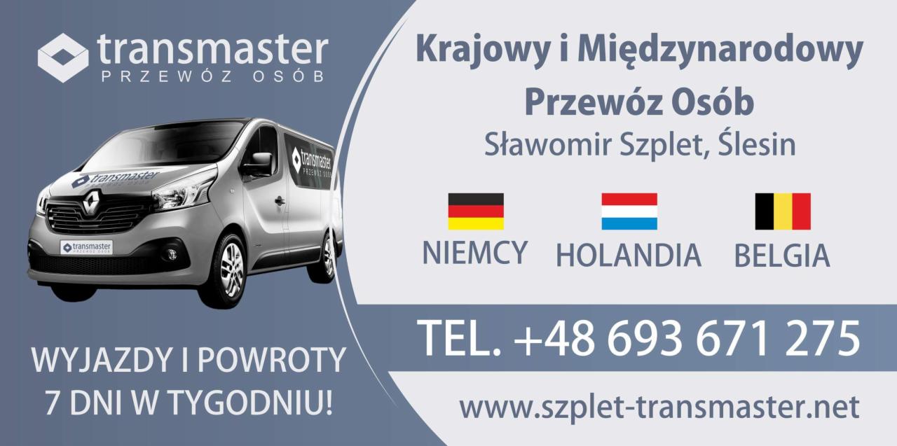 Grafika reklamowa firmy Transmaster oferującej krajowy i międzynarodowy przewóz osób, z wizerunkiem szarego busa Renault Trafic z logo firmy na masce i boku, informacją o wyjazdach i powrotach 7...