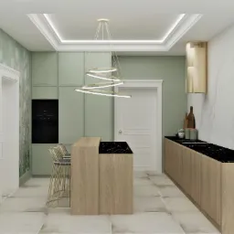 Wizualizacja kuchni w odcieniach zieleni i drewna, z wyspą z czarnym blatem, nowoczesnym oświetleniem i tapetą w roślinny wzór. Złote akcenty w postaci lampy, baterii i okapu.