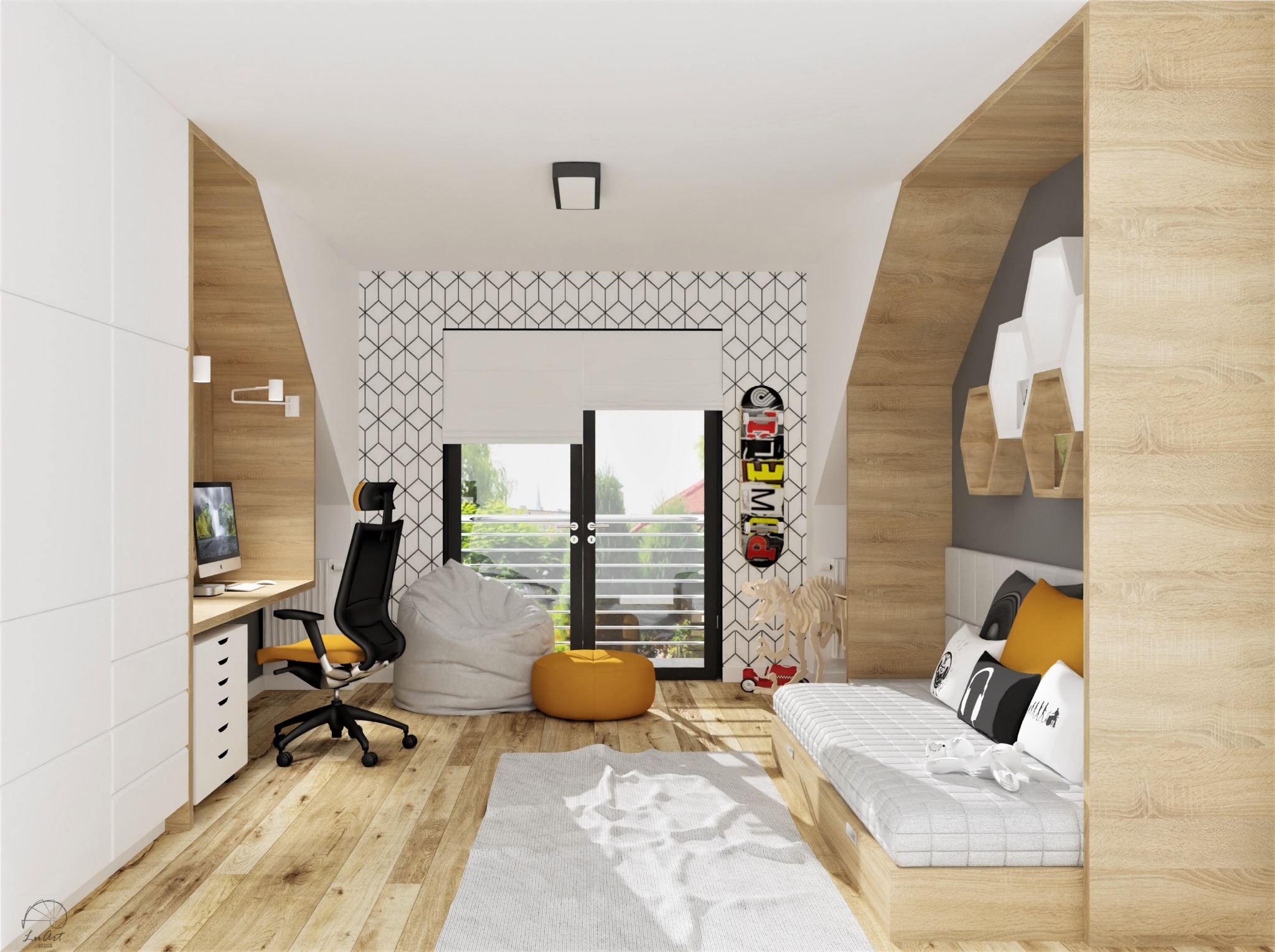Wizualizacja pokoju młodzieżowego z biurkiem, łóżkiem z poduszkami, pufami, geometryczną tapetą i drewnianymi elementami wykończeniowymi.