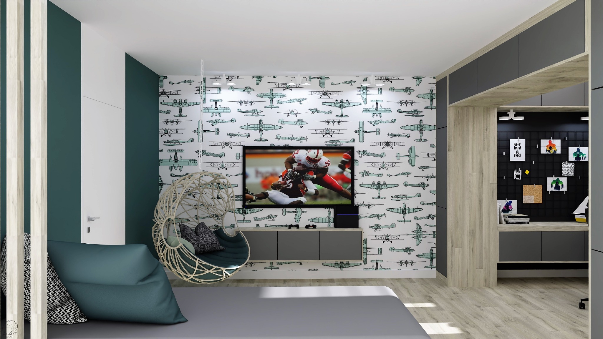 Pokój młodzieżowy z tapetą w samoloty, wiszącym fotelem, szarą szafką RTV i biurkiem z tablicą inspiracji.