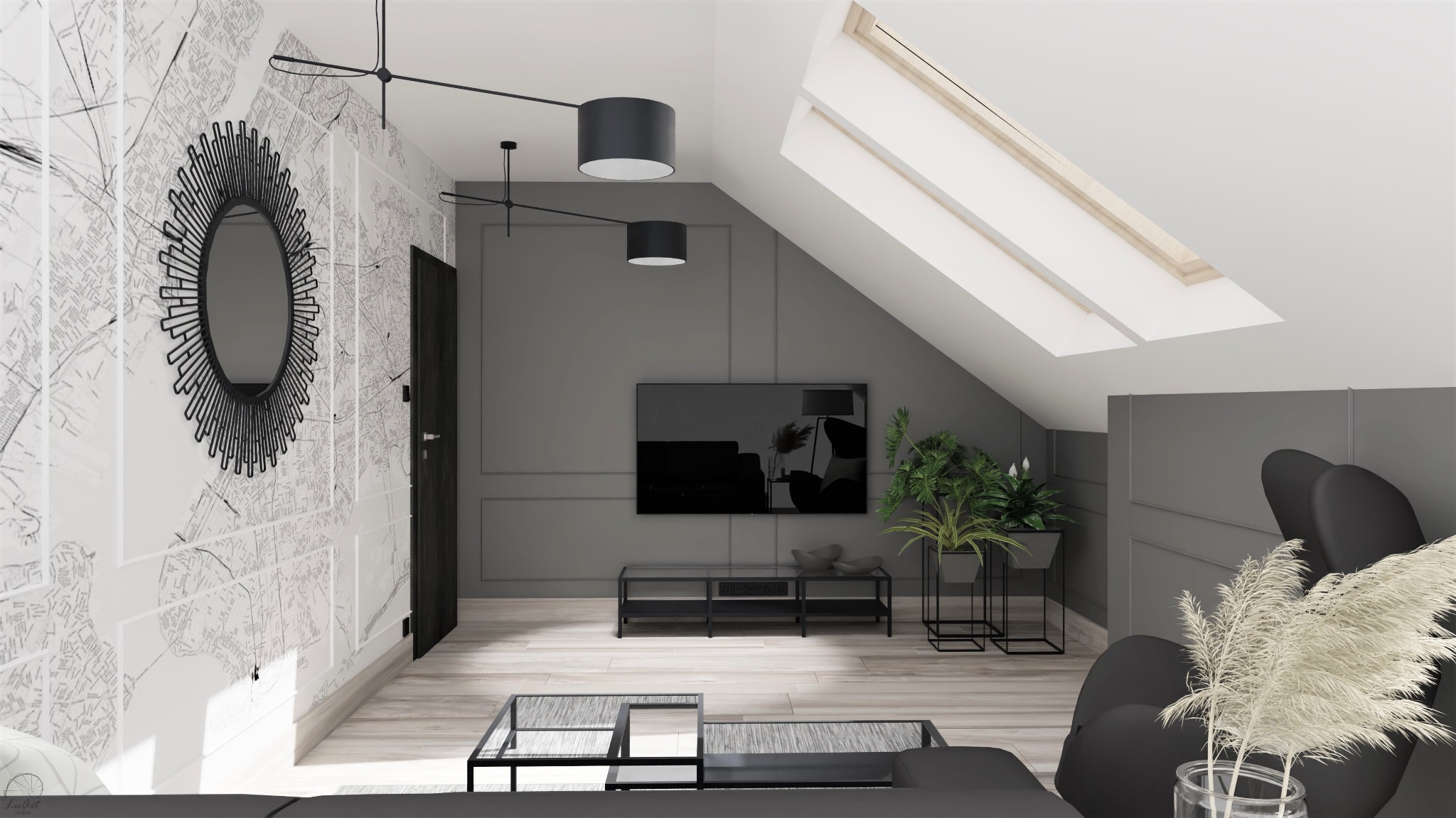 Salon na poddaszu w szaro-białej kolorystyce z czarnymi akcentami, okrągłe lustro na ścianie z tapetą w mapy, czarne lampy sufitowe, telewizor, szklane stoliki kawowe i rośliny doniczkowe.
