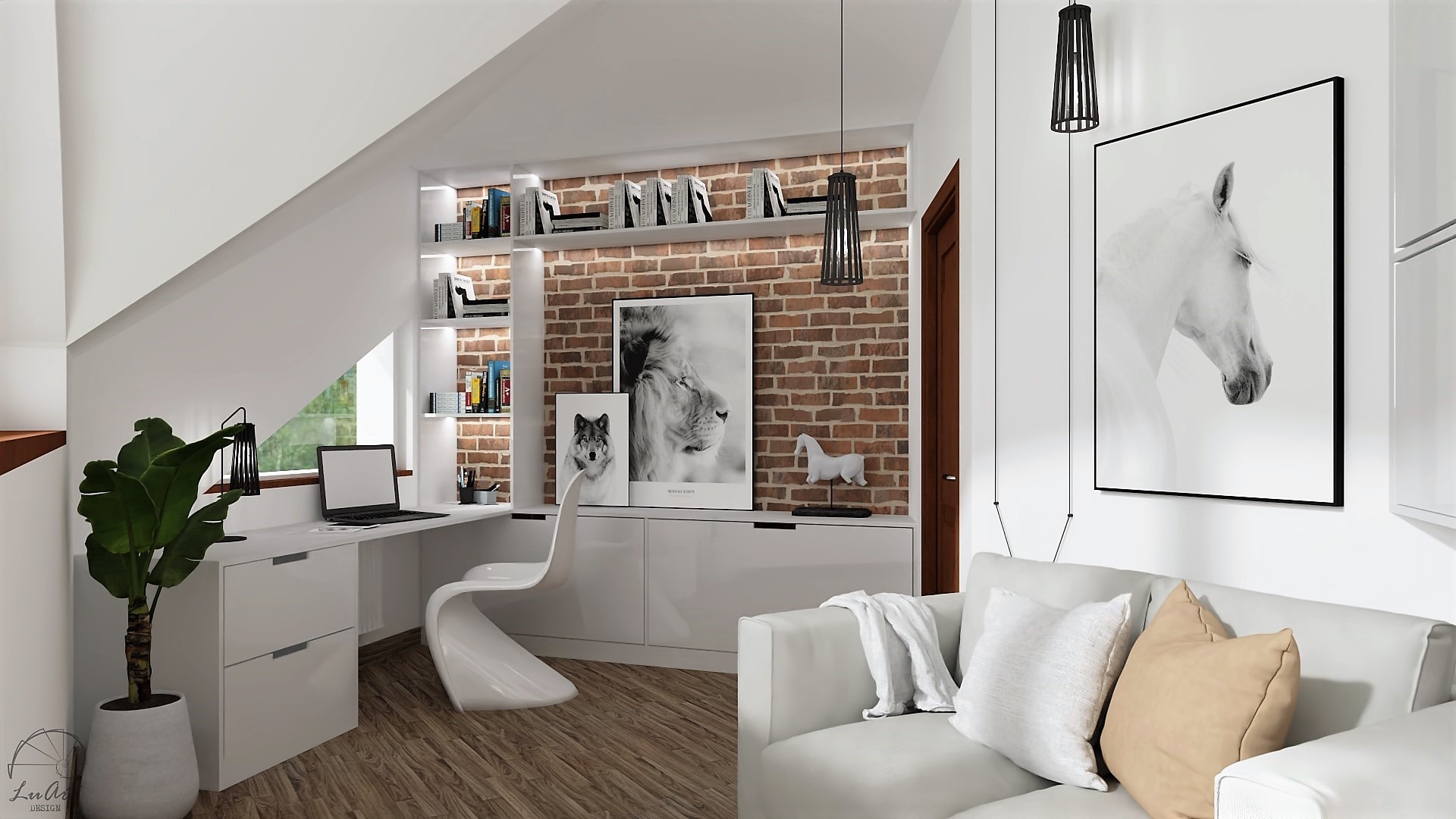 Kącik do pracy w pokoju na poddaszu: białe biurko z laptopem, krzesło o futurystycznym kształcie, lampa, roślina doniczkowa, ściana z cegły z półkami i grafikami zwierząt, biała sofa z poduszkami.
