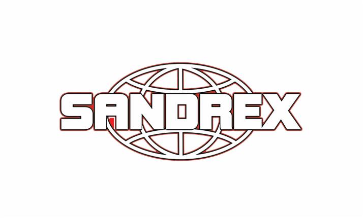 Logo firmy Sandrex z nazwą w białych literach z czerwoną obwódką, umieszczoną na tle stylizowanej siatki globu.