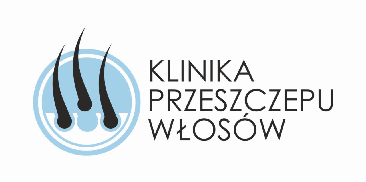 Logo kliniki przeszczepu włosów z trzema stylizowanymi włosami w jasnoniebieskim okręgu.