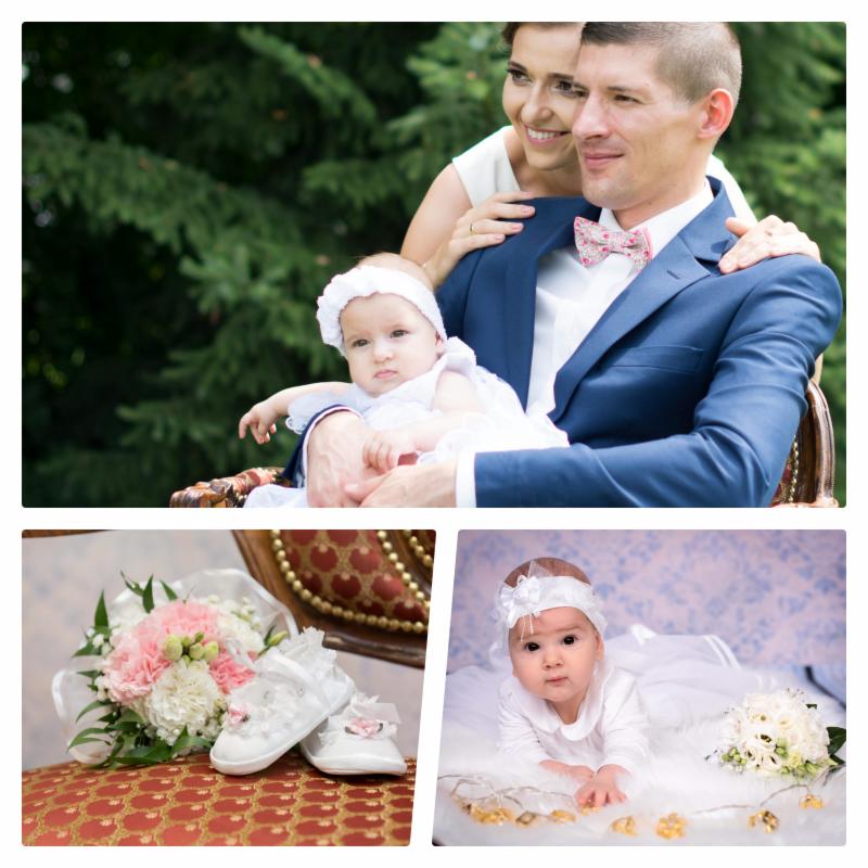 Kolaż z fotografii: uśmiechnięta para z niemowlęciem w bieli na tle zieleni, bukiet kwiatów i białe buciki dziecięce, niemowlę leżące na białym futerku z kwiatami i lampkami.