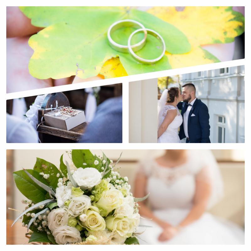 Kolaż zdjęć ślubnych: obrączki na liściu, pudełko na obrączki na ławce, para całująca się przy kolumnie, bukiet ślubny z białych róż przed panną młodą.