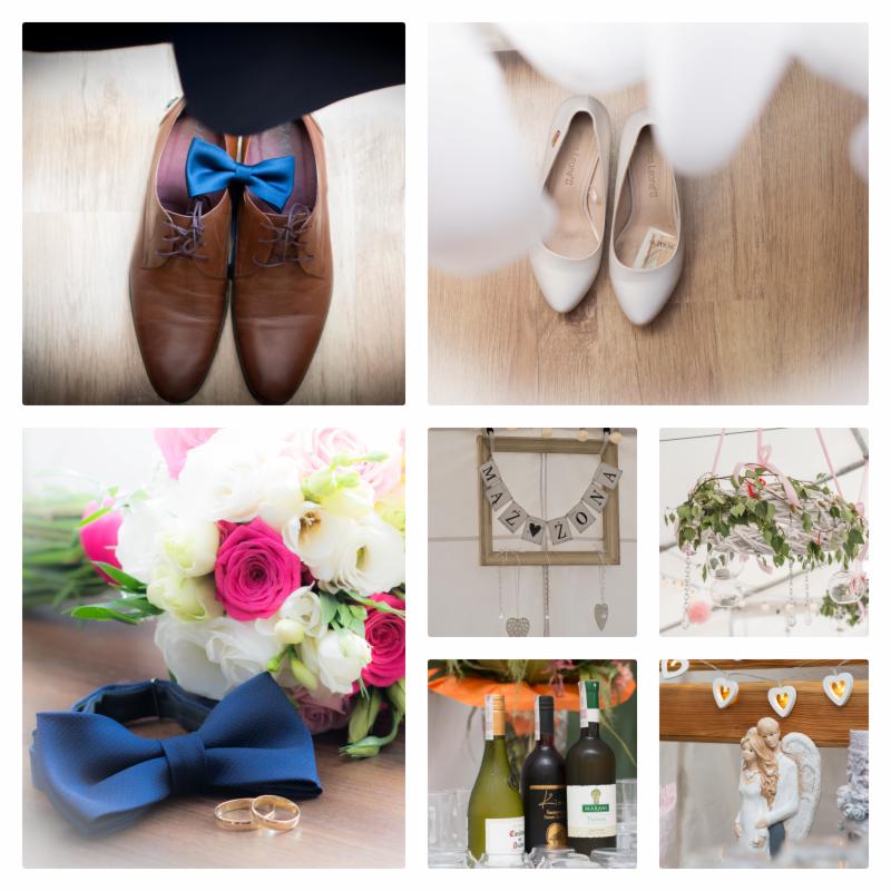 Kolaż z detalami ślubnymi: buty pana młodego z niebieską muchą, białe szpilki panny młodej, bukiet z różowymi różami, obrączki, dekoracja 'Mąż Żona', butelki wina i figurka pary aniołów.