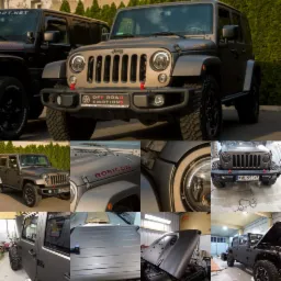 Kolaż zdjęć szarego Jeepa Rubicon, prezentujący detale nadwozia, oświetlenie oraz proces modyfikacji w warsztacie.