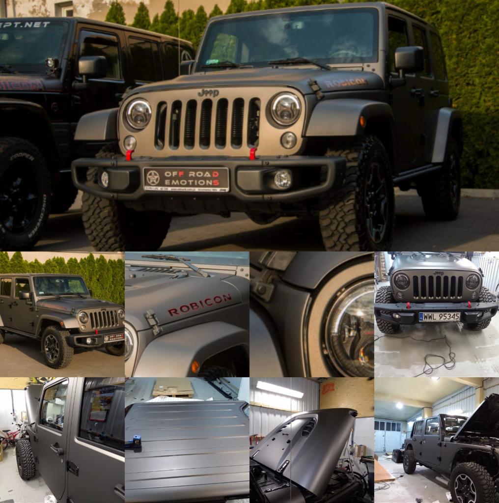 Kolaż zdjęć szarego Jeepa Rubicon, prezentujący detale nadwozia, oświetlenie oraz proces modyfikacji w warsztacie.