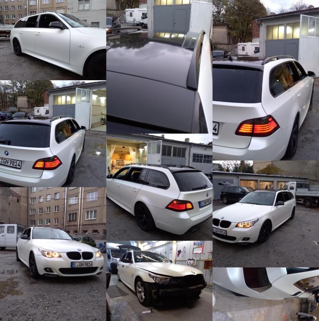 Kolaż zdjęć białego kombi BMW serii 5 (E61) przed i po zmianach: matowa folia na karoserii, czarny dach z fakturą karbonu, przyciemnione lampy, czarne felgi. Widoczne uszkodzenia przed naprawą.