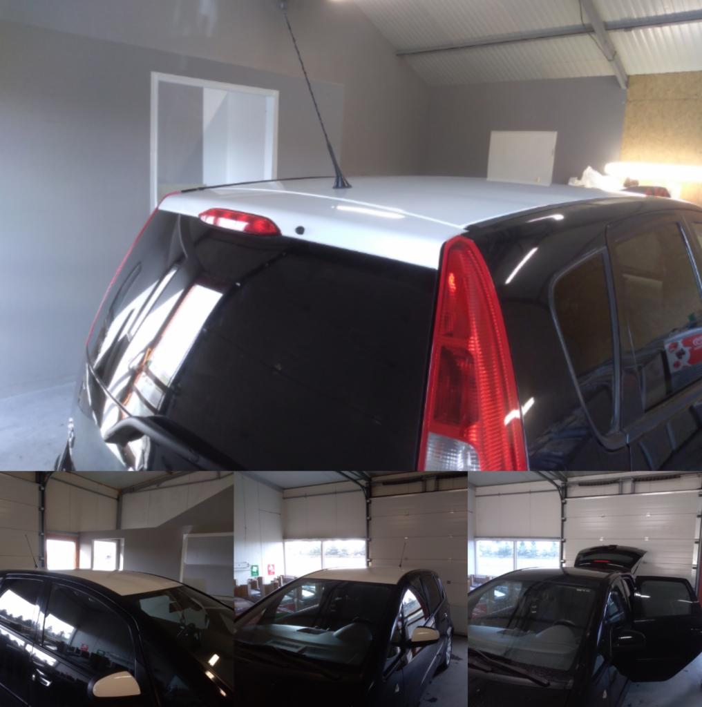 Czarny samochód z białym dachem po tuningu w garażu, widok z tyłu i z boku, z otwartymi drzwiami w jednej z sekcji kolażu.