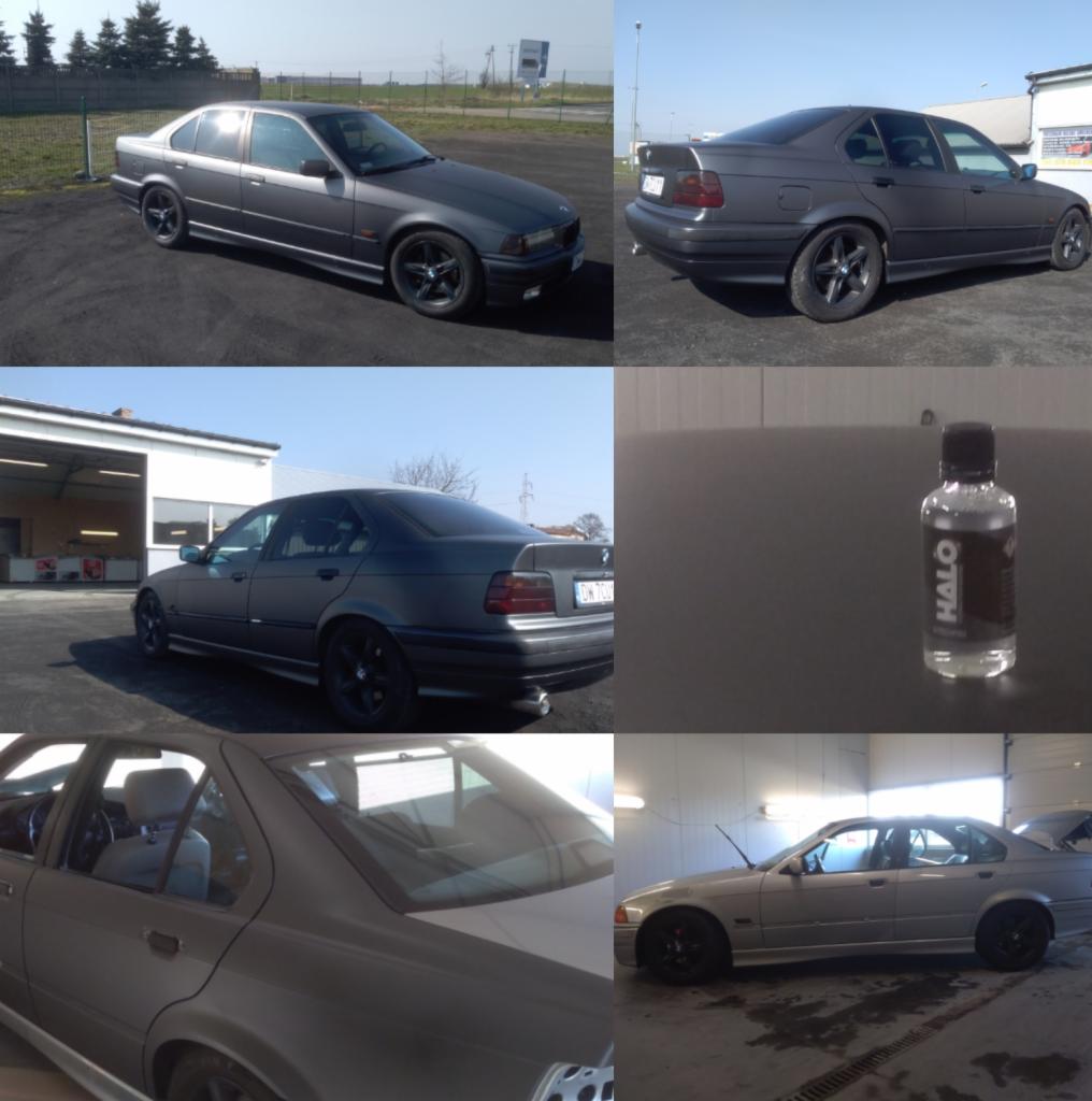 Matowy sedan BMW E36 po zmianie koloru, widok z różnych perspektyw, w tym zbliżenie na butelkę preparatu Halo do pielęgnacji lakieru.