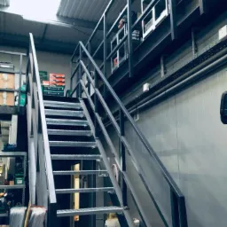 Metalowe schody z ażurowymi stopniami i poręczami, prowadzące na antresolę w hali magazynowej, widok z dołu, oświetlenie naturalne z góry.